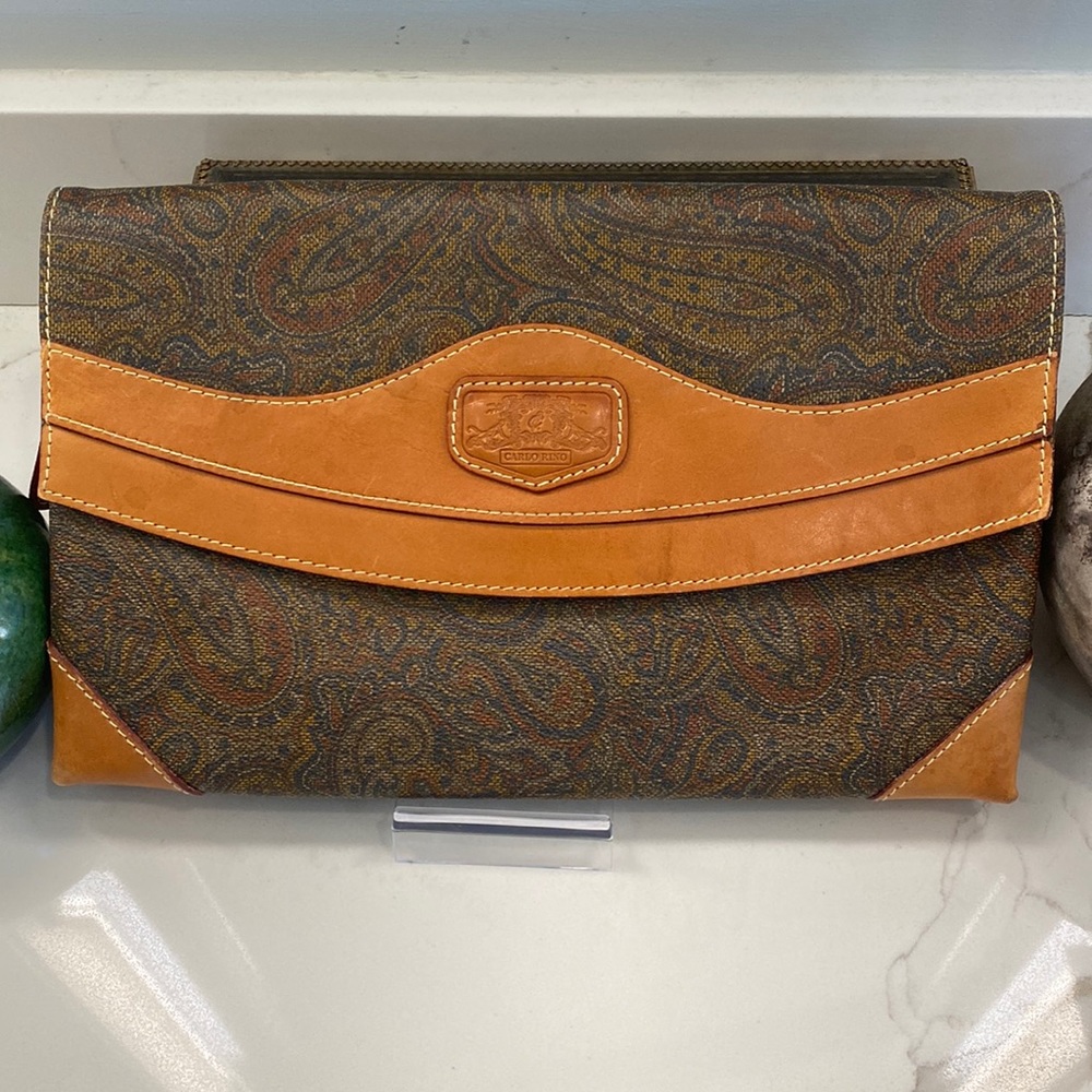 Carlo Rino - Paisley Print Large Leather Clutch, Brown Leather Accents - EUC